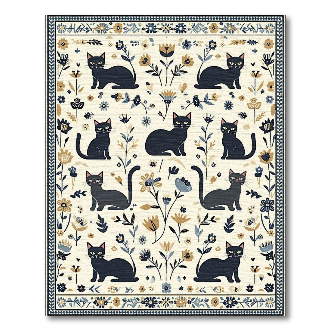 Black Cat Floral Whimsical Rug Design View
