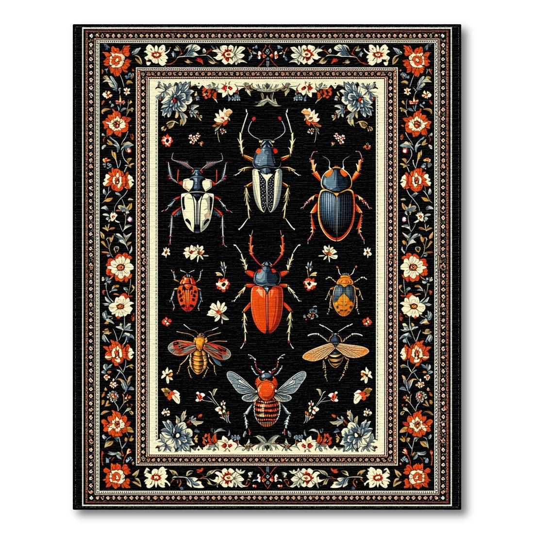 Black Whimsical Insect-Floral Rug Design View