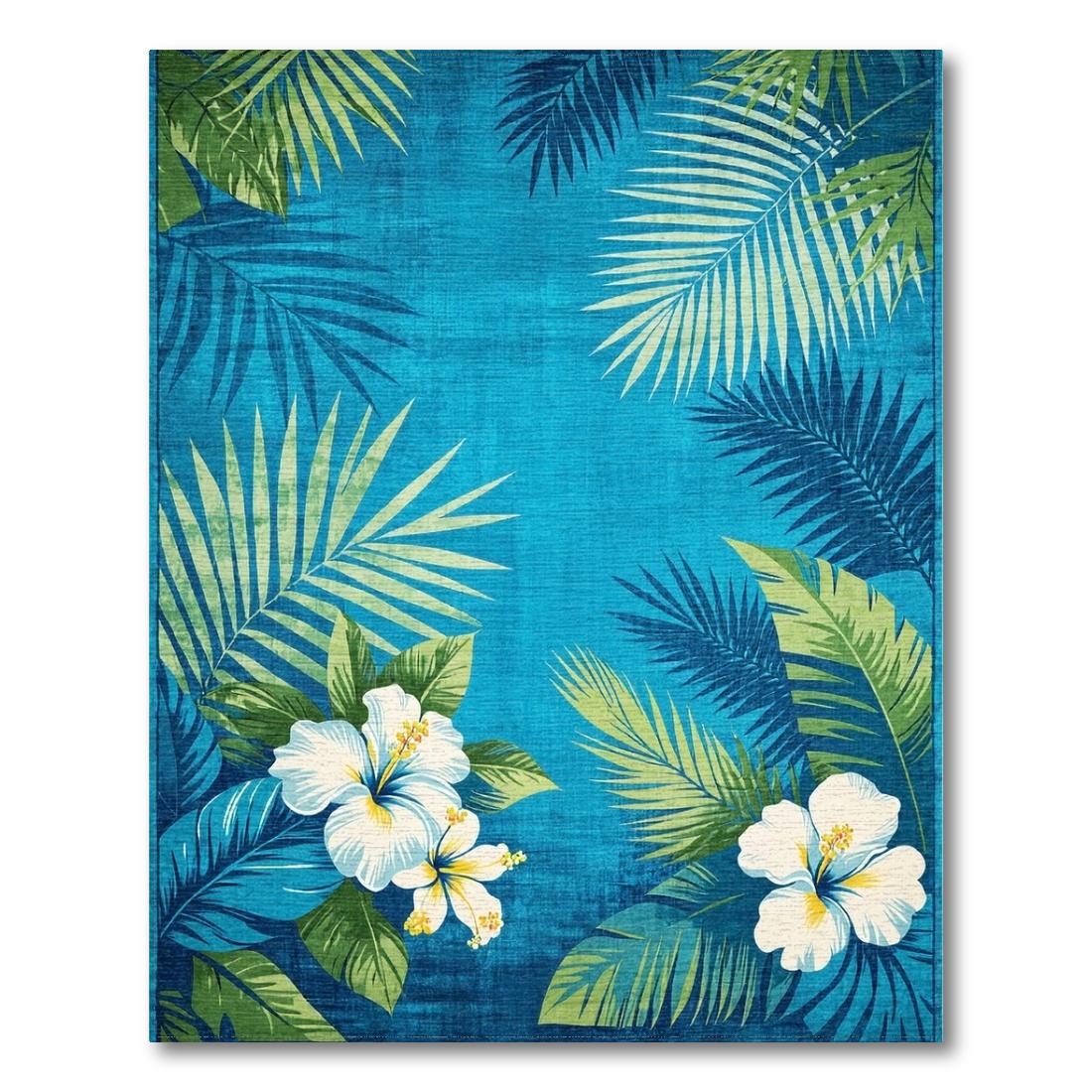 Blue Tropical Hibiscus Palm Rug Design View