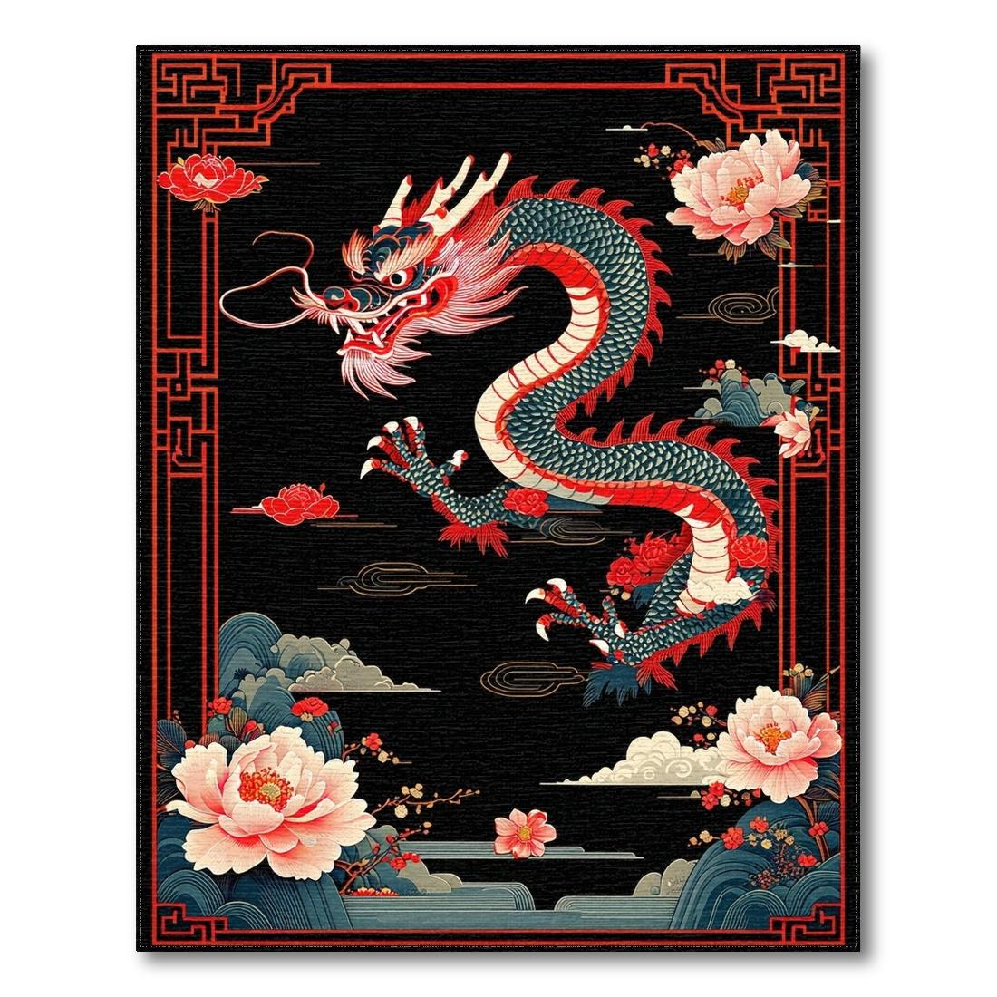Bold Red-Black Dragon Floral Rug Design View