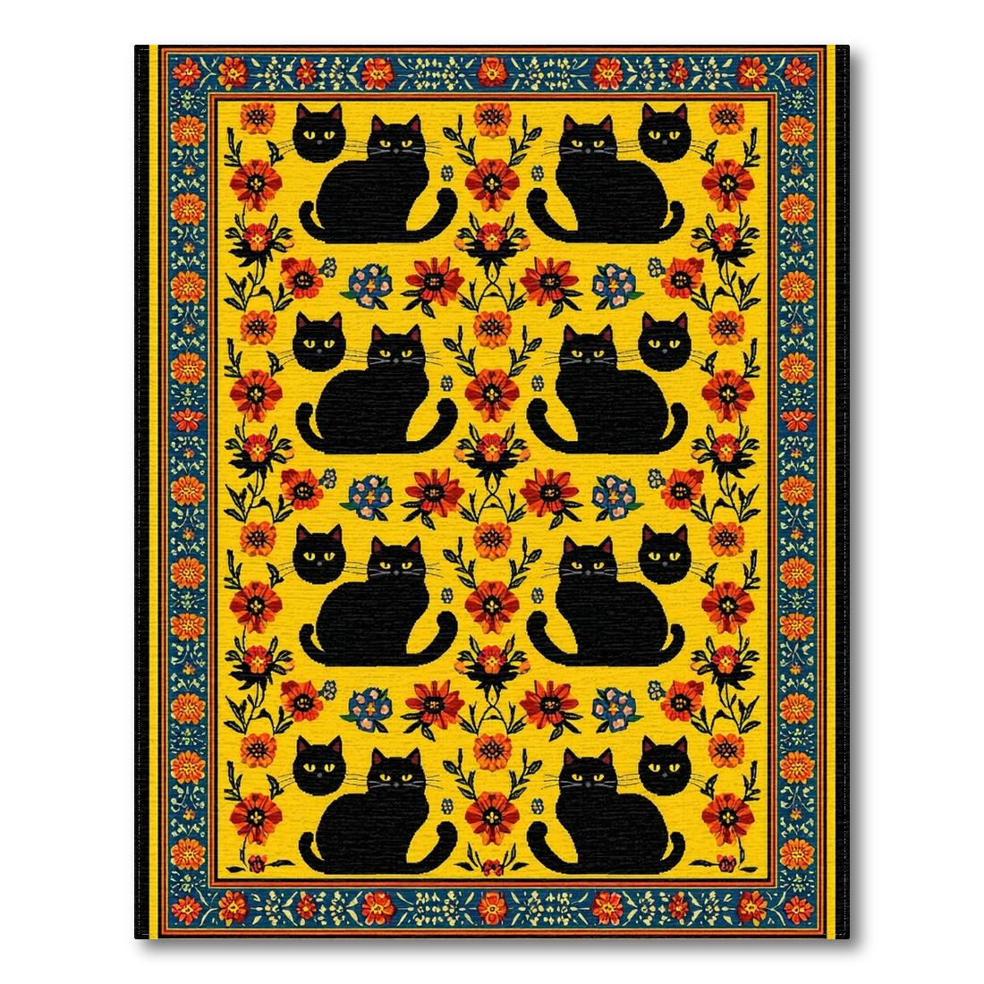 Cheerful Yellow Cat & Floral Whimsical Rug Design View