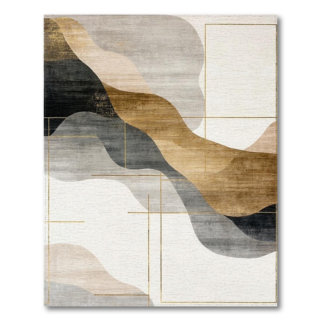 Contemporary Gold Gray Wavy Geometric Rug Design View