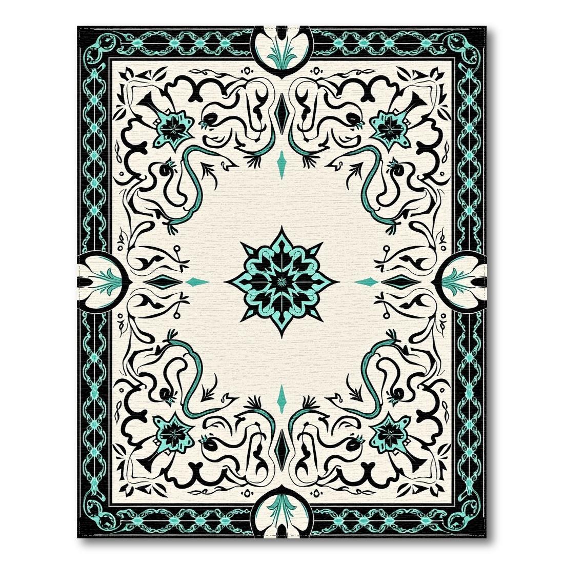 Cream Teal Black Ornate Elegant Rug Design View