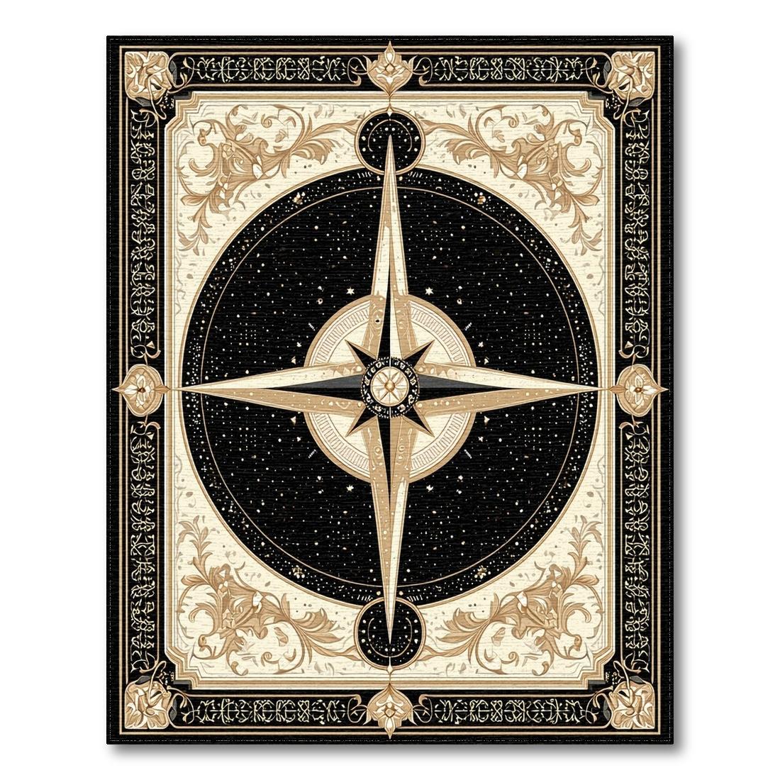 Elegant Black Gold Ornate Compass Rug Design View