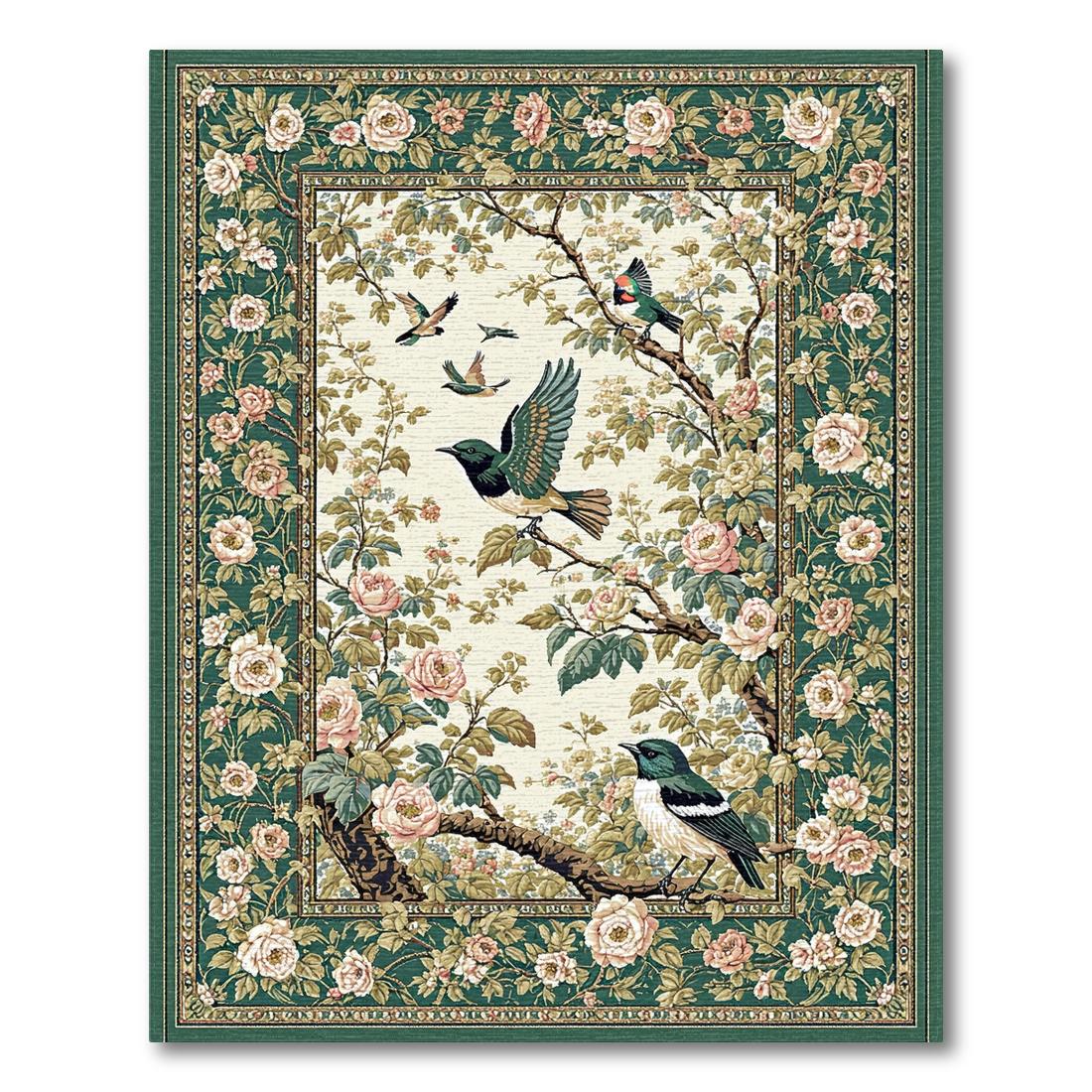 Emerald Green Floral-Bird Serene Rug Design View