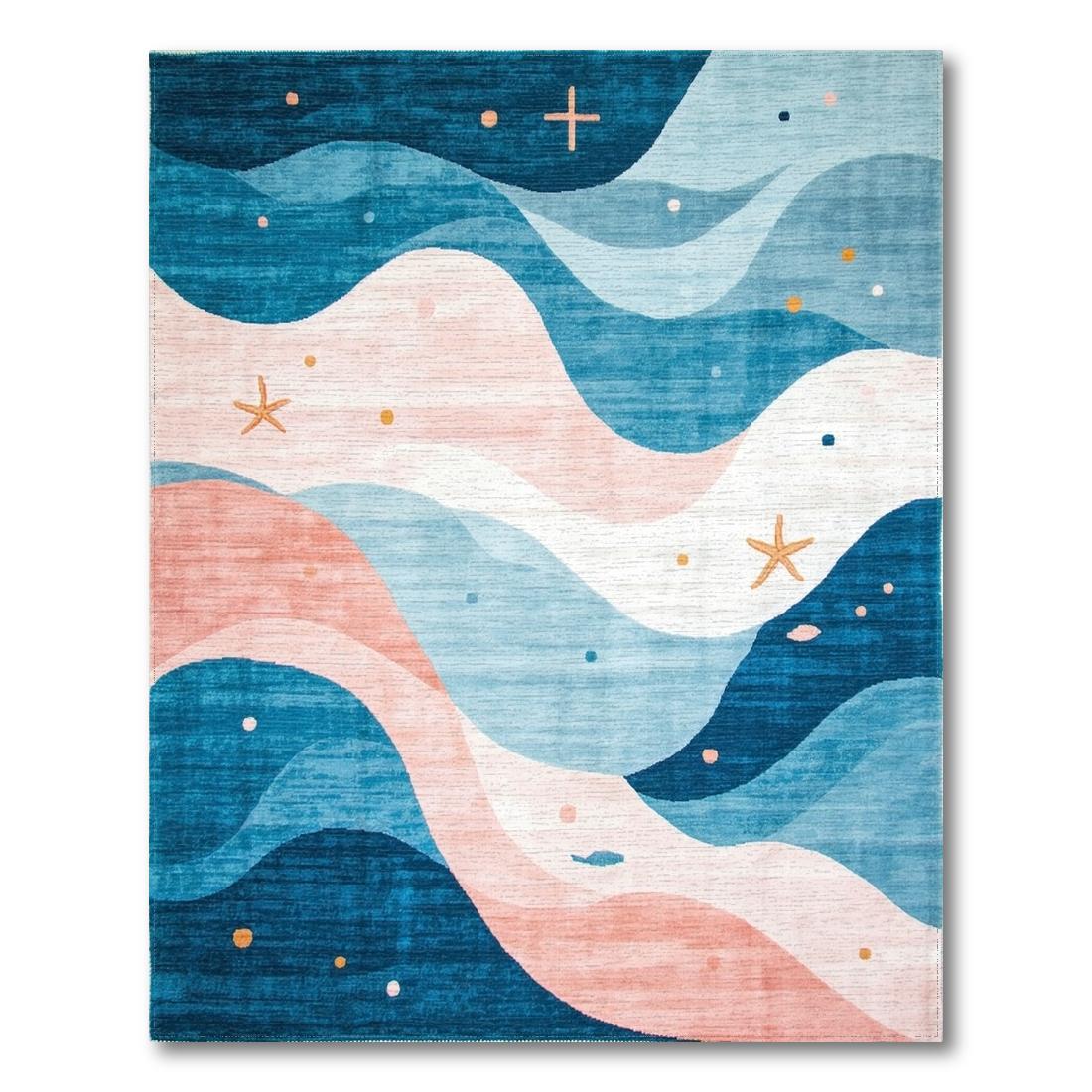 Serene blue-pink wave-patterned coastal rug Design View
