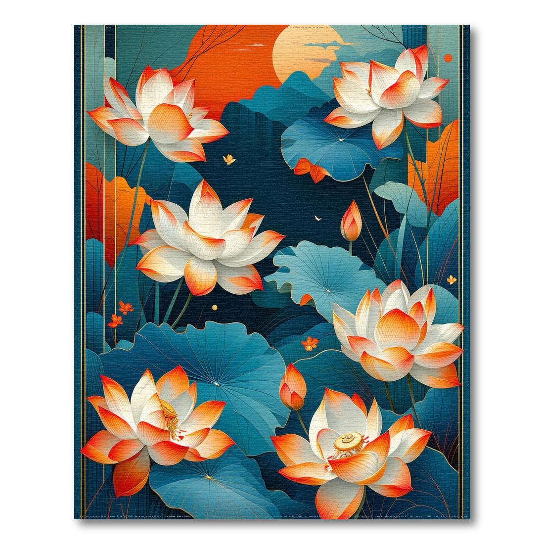 Serene Teal-Orange Lotus Rug Design View