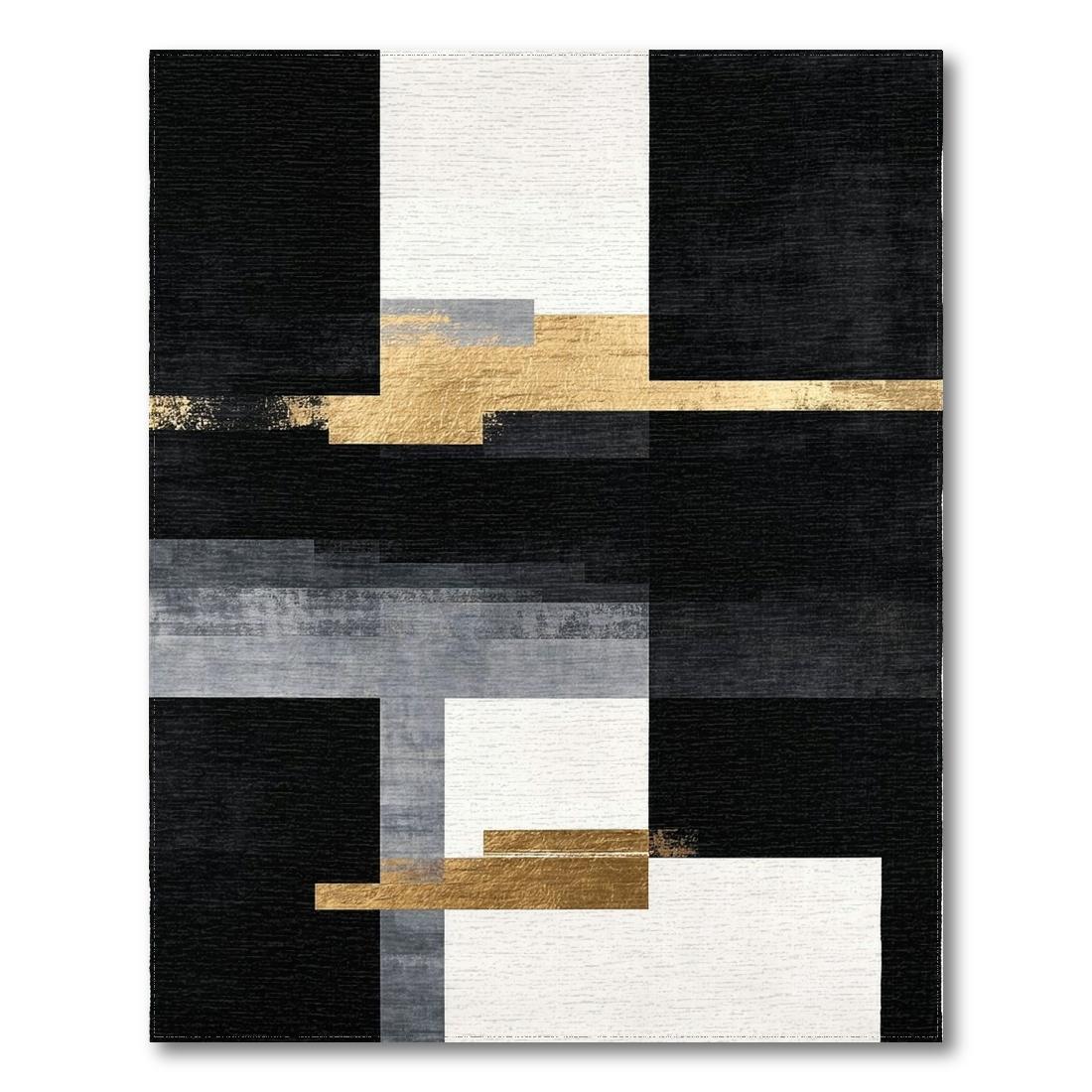 Sleek Geometric Black White Gold Rug Design View