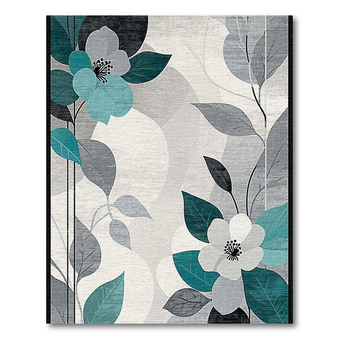 Teal Gray Floral Serene Rug Design View