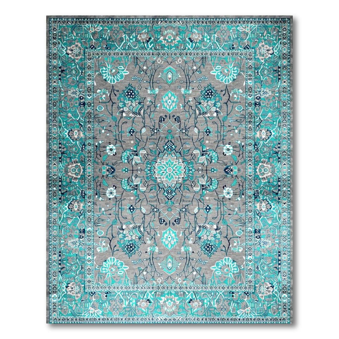Teal & Gray Ornate Floral Elegant Rug Design View