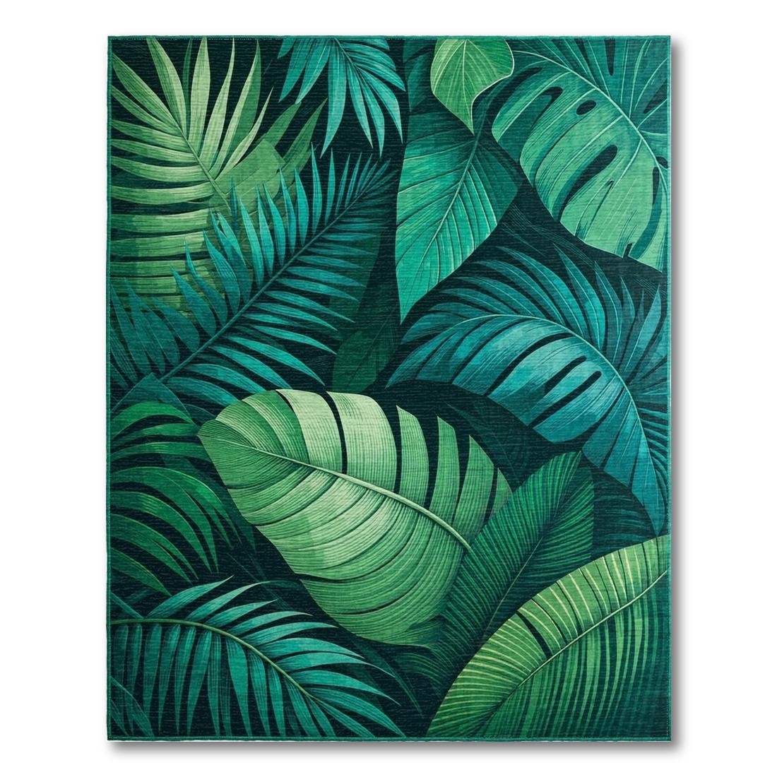 Teal-Green Tropical Leaves Vibrant Rug Design View