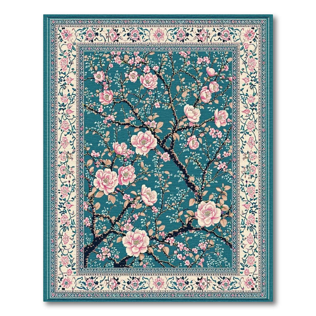 Teal Pink Blossom Branches Serene Rug Design View