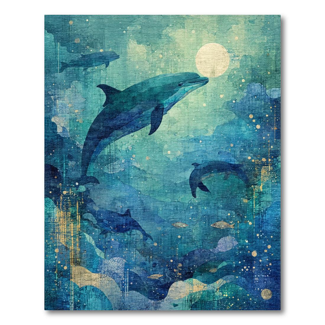 Teal Serene Dolphin Underwater Rug Design View