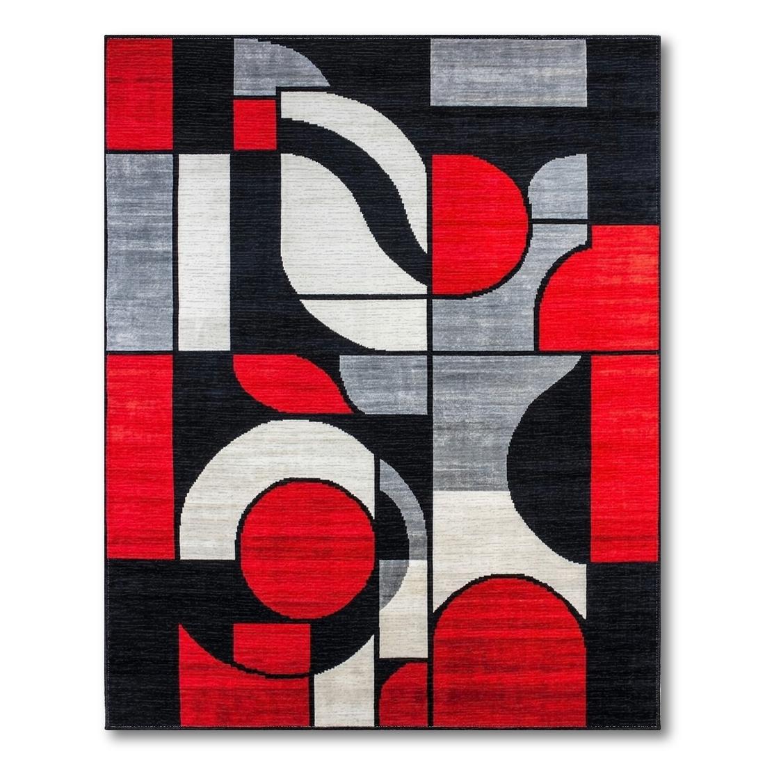Vibrant Abstract Geometric Red-Black Gray Rug Design View