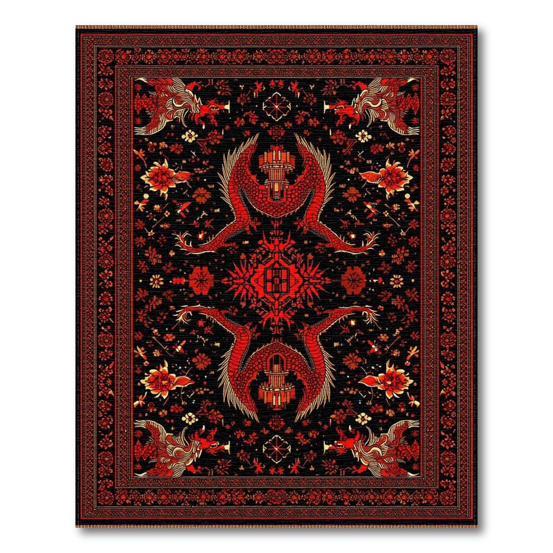 Vibrant Black-Red Dragon Floral Rug Design View