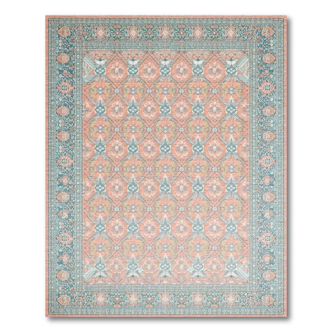 Vibrant Coral Floral Geometric Rug Design View