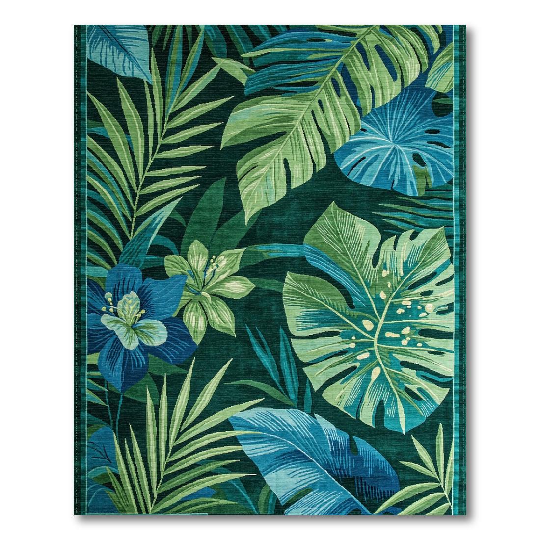 Vibrant Emerald Teal Tropical Foliage Rug Design View