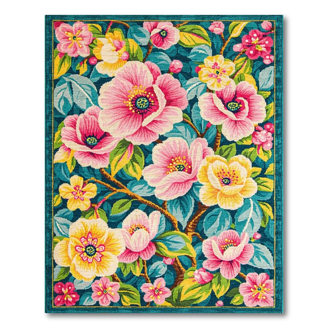 Vibrant Floral Teal Pink Yellow Rug Design View