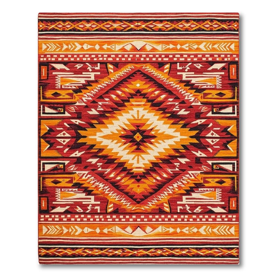 Vibrant Red-Orange Geometric Tribal Rug Design View
