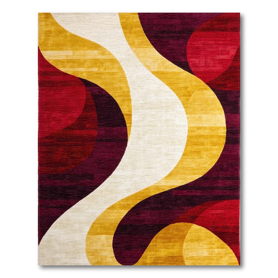 Vibrant Wavy Red-Purple-Yellow Rug Design View