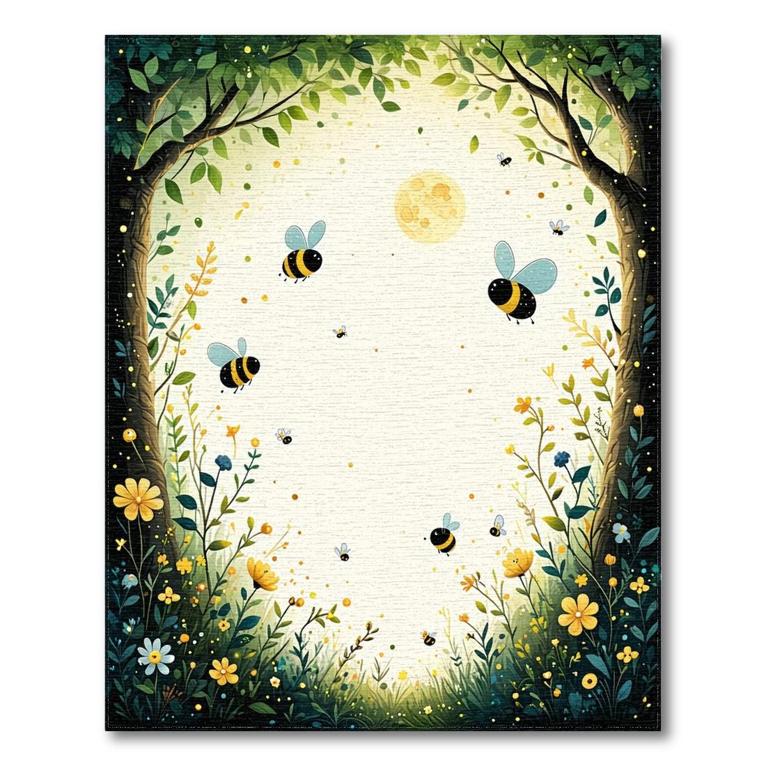 Whimsical Bee & Floral Green-Yellow Rug Design View