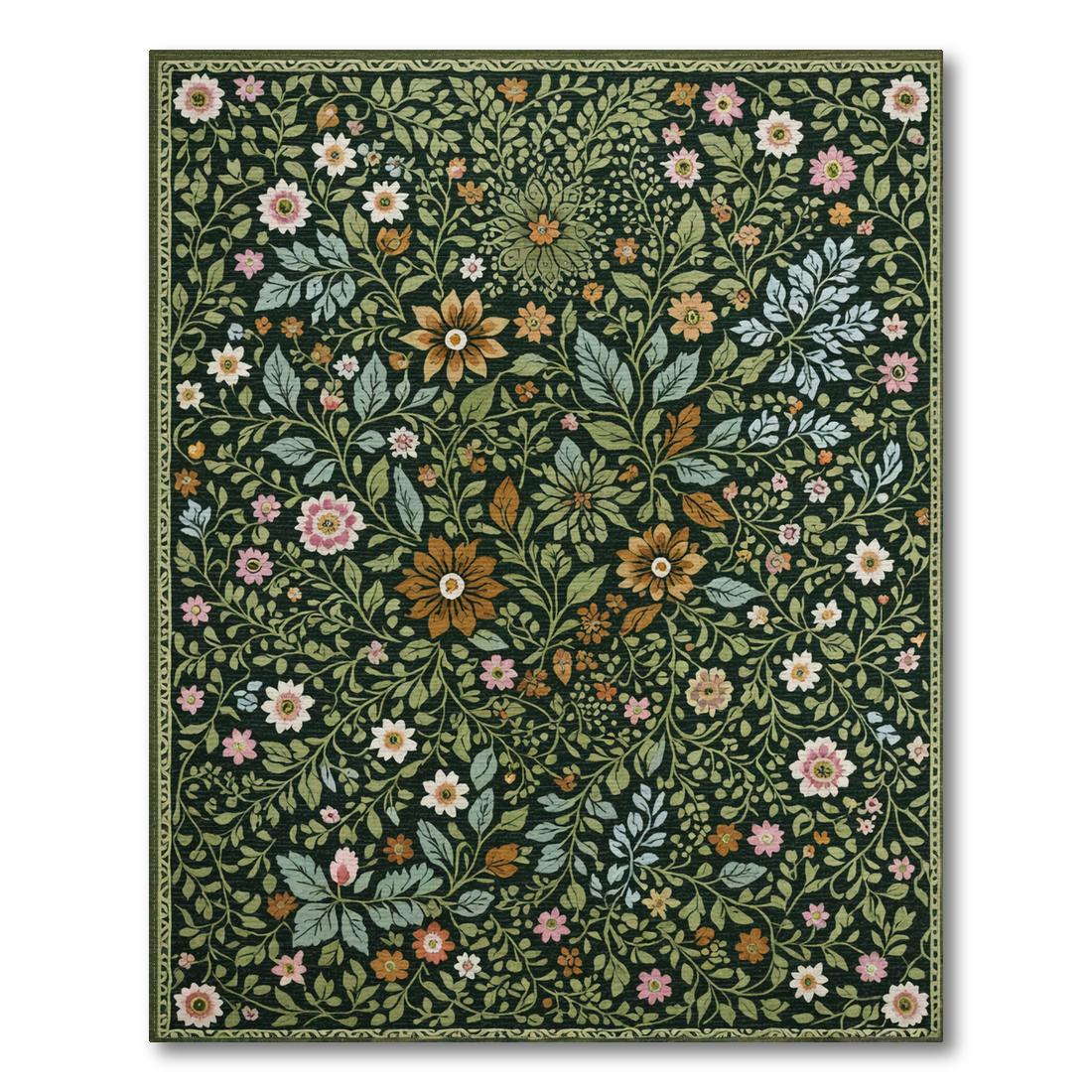 Whimsical Dark Green Floral Rug Design View