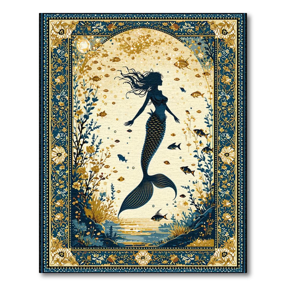 Whimsical Teal Gold Mermaid Rug Design View